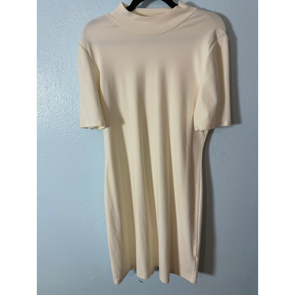 Lands End Womens Rib Knit Mock Dress L Short Sleeve Ivory Cream Minimalist